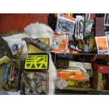 Two boxes of garage items, saw blades, sanding equipment, glue sticks and welding rods etc