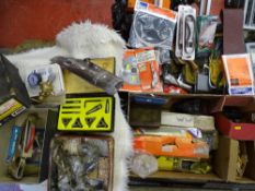 Two boxes of garage items, saw blades, sanding equipment, glue sticks and welding rods etc