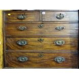 Antique mahogany chest of two short over three long drawers on hardwood castors (for restoration)