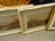 Pair of indistinctly signed Victorian oils on board - cottages and marshland scenes, 25 x 44 cms and