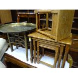 Oak nest of three tables and one other and a Benares brass topped occasional table