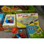 Good collection of vintage beer mats and boxed vintage toys including a clockwork boy on tricycle,