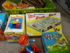 Good collection of vintage beer mats and boxed vintage toys including a clockwork boy on tricycle,