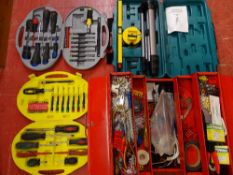 Red cantilever toolbox and contents, a cased Powermaster laser level and two plastic cases of