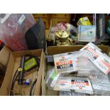 Two boxes of various garage items including Sykes-Pickovant brake bleeder, tile cutter etc and a