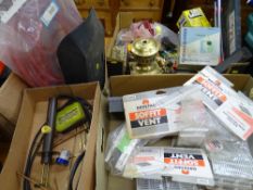 Two boxes of various garage items including Sykes-Pickovant brake bleeder, tile cutter etc and a