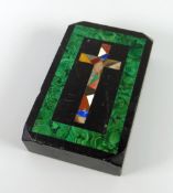 NINETEENTH CENTURY BLACK MARBLE RECTANGULAR PIETRA DURA PAPERWEIGHT inlaid with patchwork or