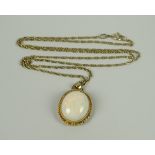 A LARGE WHITE OPAL OVAL PENDANT within 9ct gold rope frame on 9ct necklace, 8.1grams approx.