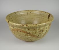 DAVID LLOYD JONES STUDIO BOWL with mottled glaze and ribbing, potter's mark, 17cms diam