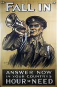 A WWI ENLIST PROPAGANDA POSTER "FALL IN", depicting head & shoulders of a soldier playing bugle