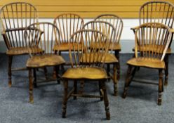 GROUP OF EIGHT (2+6) LATE EIGHTEENTH / EARLY NINETEENTH CENTURY ELM SPINDLE BACK COUNTRY CHAIRS with