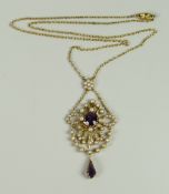 A PRETTY ANTIQUE 15CT GOLD AMETHYST & SEED-PEARL PENDANT ON CHAIN, 11.8grams approx.