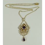 A PRETTY ANTIQUE 15CT GOLD AMETHYST & SEED-PEARL PENDANT ON CHAIN, 11.8grams approx.
