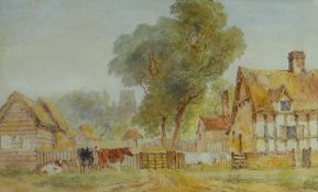 J M INCE watercolour - farmstead with cattle & church in the background, 20 x 33cms