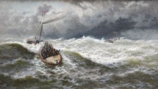 THOMAS ROSE MILES (1844-1916) oil on canvas - depicting figures on a life boat in rough seas with