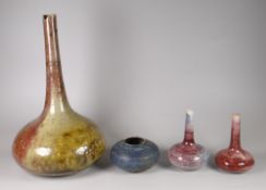 FOUR STUDIO POTTERY ITEMS BY DEREK DAVIS comprising small blue pot, near pair of narrow necked vases