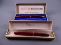 VINTAGE RED PARKER 45 DELUXE FOUNTAIN PEN with chalk marks & in original box with instructions /