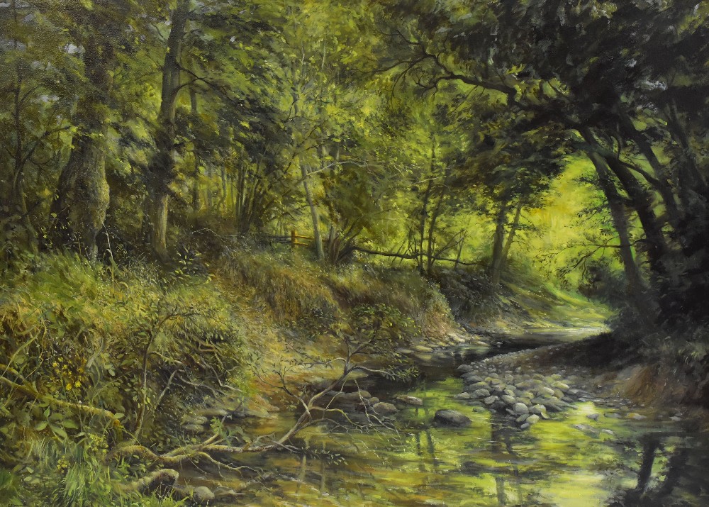 COLIN SIMMONDS (b. 1940) oil on canvas - woodland & stream, titled 'Dowles Brook', signed lower