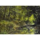 COLIN SIMMONDS (b. 1940) oil on canvas - woodland & stream, titled 'Dowles Brook', signed lower