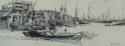 JAMES ABBOTT McNEILL WHISTLER etching - Thames warehouses, with original exhibition / sale label &