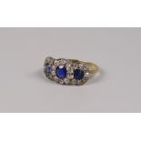 AN ANTIQUE 18CT GOLD MULTI-DIAMOND & THREE-STONE SAPPHIRE RING, 3.4grams approx, (size N)