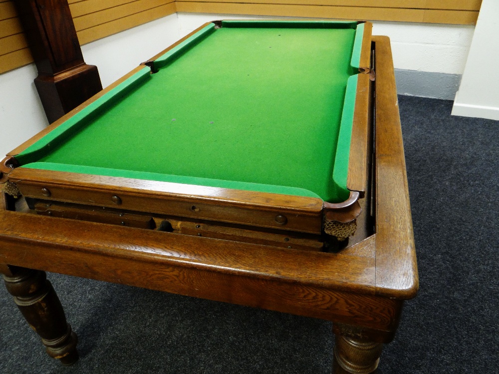 A GEORGE EDWARDS OF LONDON OAK ROLL OVER SNOOKER / DINING TABLE on turned corner supports together - Image 6 of 9