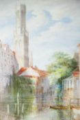 ALFRED THOMAS FISHER watercolour - Bruges with canal & the Gothic Bruges Belfry Tower, signed, 71
