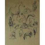 RAOUL MILLAIS pen & ink drawing on brown paper - multiple preliminary studies of horses on both