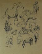 RAOUL MILLAIS pen & ink drawing on brown paper - multiple preliminary studies of horses on both