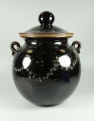 DAVID LLOYD JONES STUDIO POTTERY RUMTOPF with small twin handles and oversized knop to the lid,