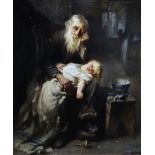 JOHN HENRY HENSHALL oil on canvas - interior scene of grandfather with sleeping child on his lap &