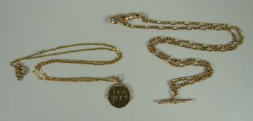 AN ITALIAN 9CT YELLOW GOLD CABLE-CHAIN, CARIBINA & T-BAR, 6.4grams & 9ct similar, 6.8grams approx.