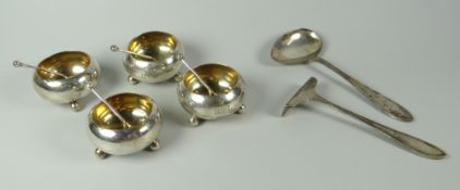 A CASED FOUR-PIECE SALT & SPOON SET silver-gilt interiors, plain circular bowls with monograms on