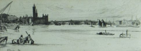 JAMES ABBOTT McNEILL WHISTLER etching - old Westminster Bridge with Houses of Parliament, 9 x 21cms