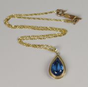 A 9CT YELLOW GOLD NECKLACE & BLUE TOPAZ PEAR SHAPED PENDANT, 9grams approx.