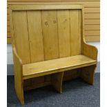 EARLY TWENTIETH CENTURY STRIPPED PINE PANEL BACK SETTLE, 122 x 38 x 130cms Condition: structurally