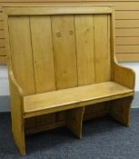 EARLY TWENTIETH CENTURY STRIPPED PINE PANEL BACK SETTLE, 122 x 38 x 130cms Condition: structurally