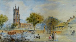 W G HERDMAN watercolour - Walton Church, Liverpool with numerous figures & drovers with sheep,