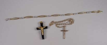 A 9CT YELLOW GOLD & DIAMOND CHIP BRACELET, 9ct crucifix on chain & metallic crucifix