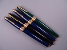 FOUR VINTAGE PARKER 17 FOUNTAIN PENS one black, two blue, one green, all with wide gold plated band