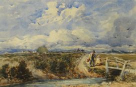 DAVID COX (1783-1859) watercolour - depicting figures in a landscape, titled 'Crossing the Brook'