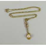 A 9CT YELLOW GOLD BOX-CHAIN NECKLACE & PEARL SET SPOON PENDANT, 3.9grams approx.