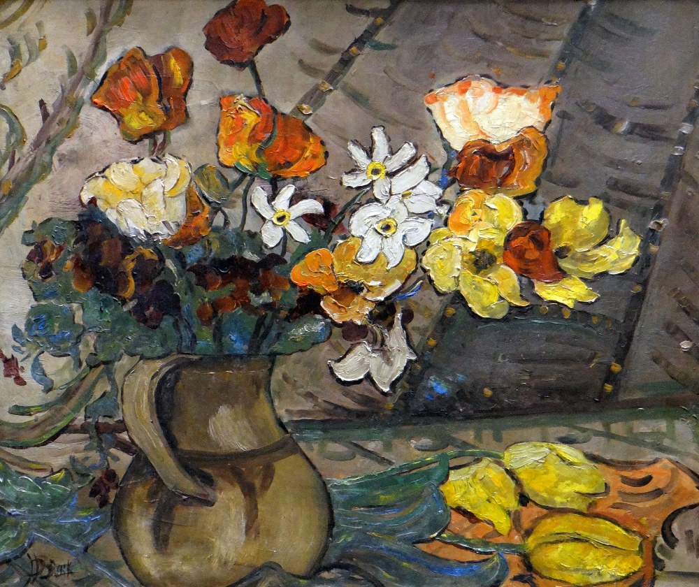 BLACK oil on board - good colourful still-life of flowers in a jug, indistinctly signed (possibly