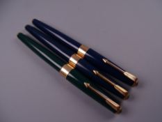 THREE VINTAGE PARKER 17 FOUNTAIN PENS two blue & one green, all with wide gold plated band