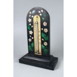 NINETEENTH CENTURY DERBYSHIRE BLACK MARBLE ARCH TOPPED DESK THERMOMETER having inlaid floral