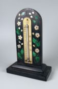 NINETEENTH CENTURY DERBYSHIRE BLACK MARBLE ARCH TOPPED DESK THERMOMETER having inlaid floral