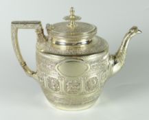 INDIAN SILVER CIRCULAR TEAPOT having relief panels depicting fish, animals & figures within scroll &