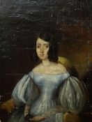 HENRY MacMANUS oil on board - primitive head & shoulders portrait of a lady in blue satin dress with