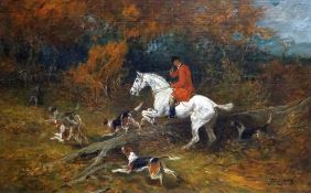 JOHN EMMS oil on canvas - hunting scene with hunts master on white horse & six hounds in woodland,