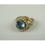 AN ANTIQUE SEED-PEARL & AQUAMARINE RING SET believed gold (hallmarks worn), 5.1gram approx, (size